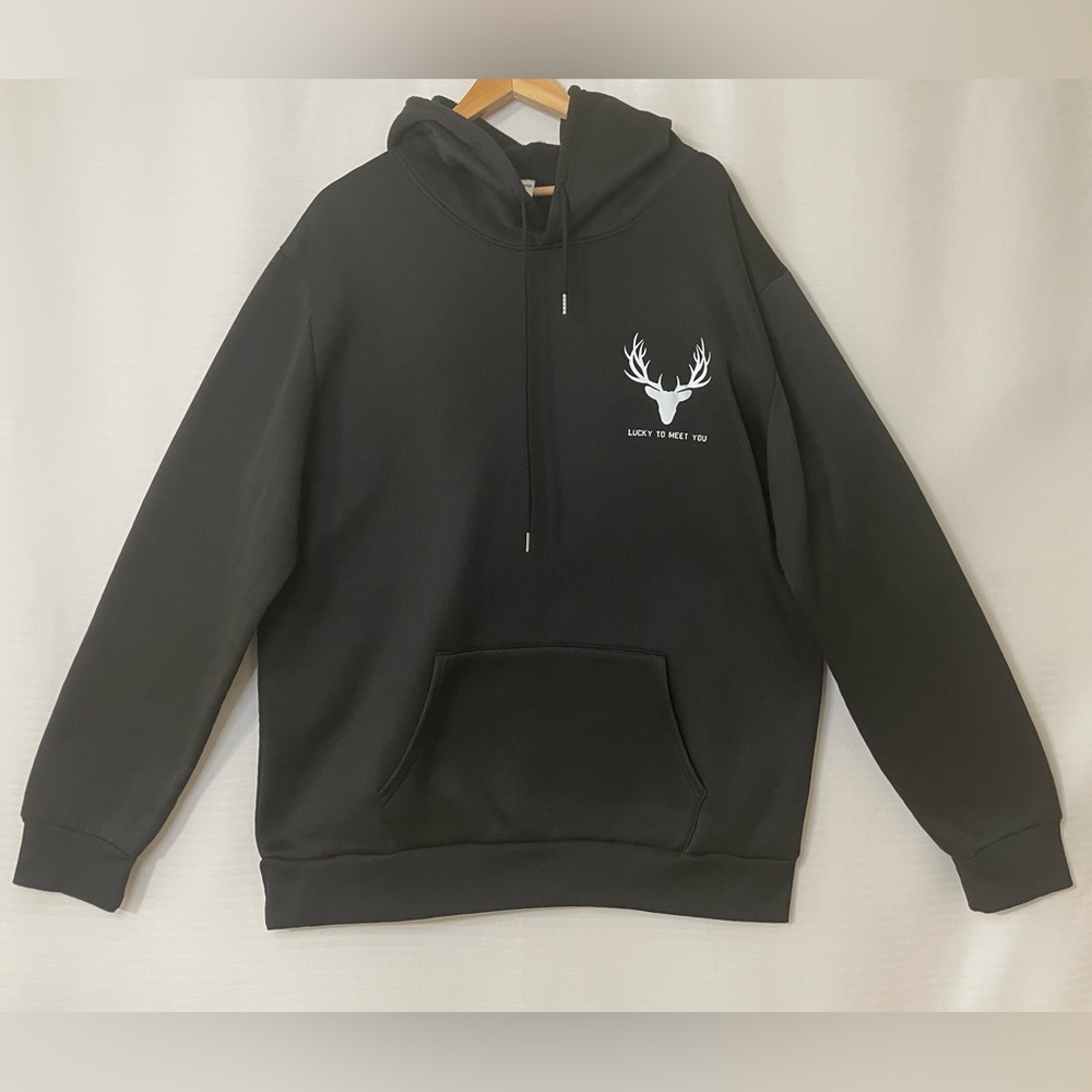 NEWS Black Hoodie “Lucky to Meet You” Stag Graphic Pullover Sweatshirt XXL